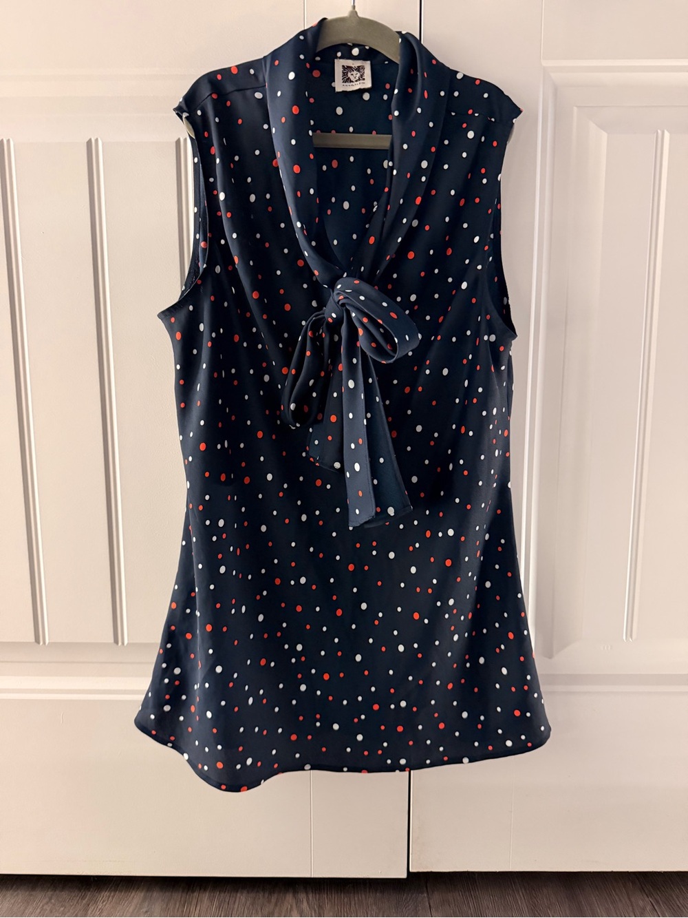 Anne Klein Navy Sleeveless Polka Dot Tie-Neck Top